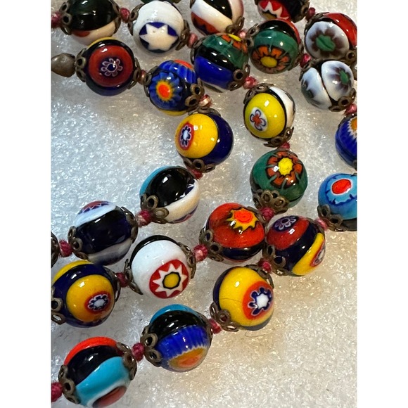 Art Deco Millefiori Art Glass Bead Necklace 25" - Picture 3 of 6